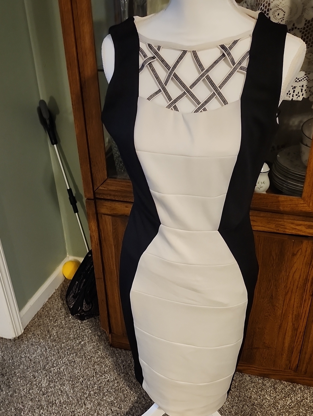 Sleeveless Black and White Sheath Dress with Contrast Panels